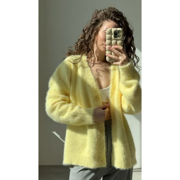 VERTEX&KAIBIN Women's Autumn European & American New Style Loose V-Neck Faux Mink Knit Cardigan Acrylic Sweater Top