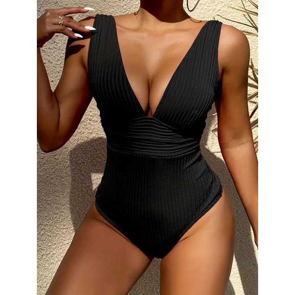 VERTEX&KAIBIN Women's Black Ribbed One-Piece Swimsuit, Deep V-Neck & Wide Straps, Tummy Control Swimwear for Beach Vacation