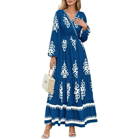 VERTEX&KAIBIN Women's Fall Bohemian Floral Maxi Dress - V-Neck Lantern Sleeve A-Line Flowy Beach Dress