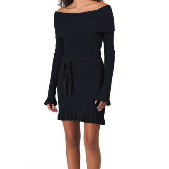 VERTIGO Cowl Neck Pleated Skirt Waist Tie Ribbed Knit Mini Dress (Black, S)