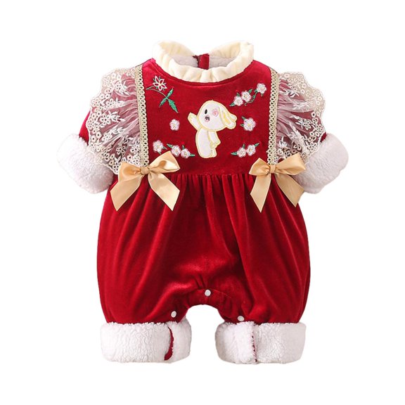 VERUGU Baby Girl Romper Christmas Round Neck Fleece Jumpsuit Infant Thick Snowsuit Winter Warm Casual Outwear Red 90