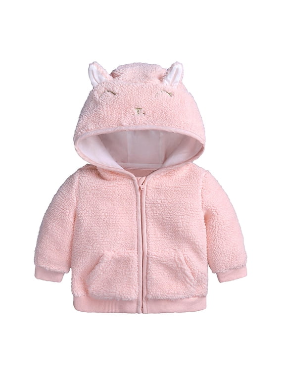 Baby Jacket Newborn Infant Boy Girl Cute Ear Hooded Pullover Tops Warm Coat Pink 0-3 Months
