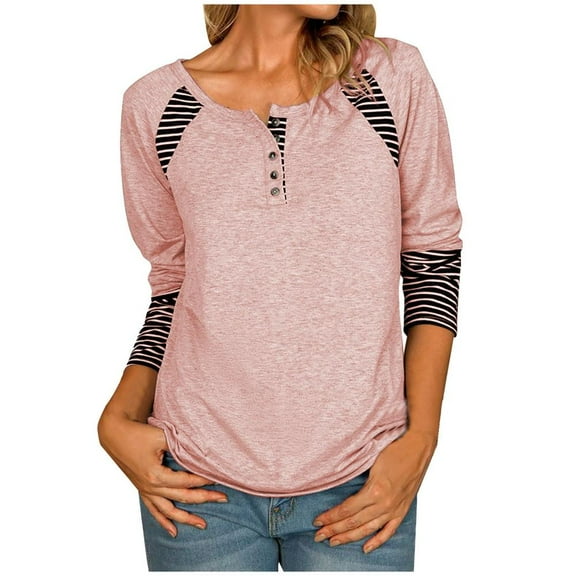 VERUGU Baggy Casual Blouse Tops Shirt for Women Ladies Fall Long Sleeve Henley Crew Neck Holiday Casual Print Tunic Loose Casual Tee Tops Pullover