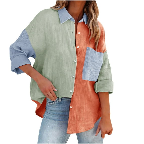 VERUGU Blouses for Women Casual Button-Down Shirts Long Sleeve Roll Up Collar Color Block Long Shirts with Pocket Summer Fall Womens Basic Tunic Tops Blouses Tees