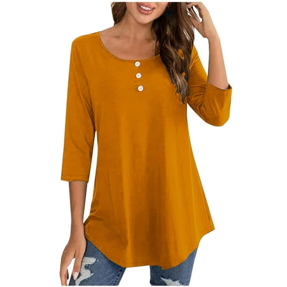 VERUGU Blouses for Women 3/4 Sleeve Crew Neck Shirts Trendy Solid Button Tunic Tops Casual Loose Plain Comfy Loungewear Basic Tee Orange S