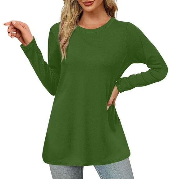 VERUGU Blouses for Women Long Sleeve Crew Neck Shirts Trendy Solid Tunic Tops Casual Loose Plain Loungewear Basic Tee with Leggings Army Green XL