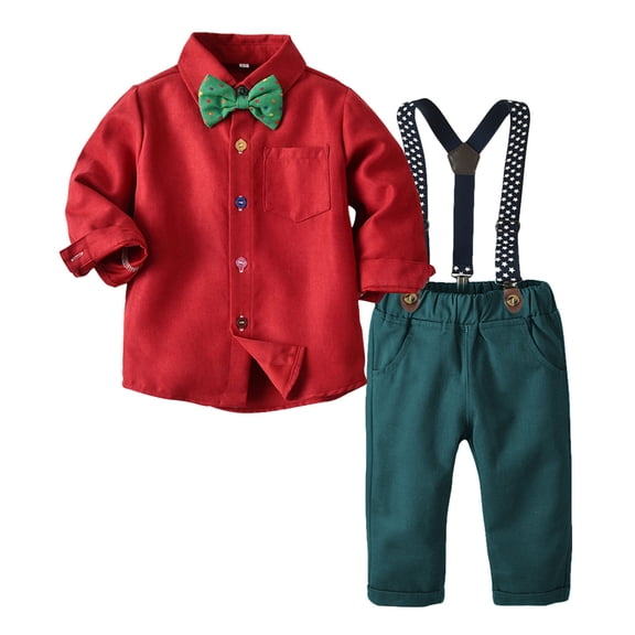 VERUGU Boys' Clothing Sets Newborn Infant Winter Long Sleeve Solid Tops with Bow Tie Suspender Trousers Suit Gentleman formal Clothes Two-Piece Set