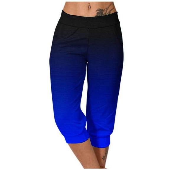 VERUGU Capri Pants for Women Casual Summer Pocket Elastic Waist Pant Taper Mid Waist Classic Gradient Color Print Loungewear Cropped Pants Loose Comfortable Workout Capris Sweatpants Navy XL