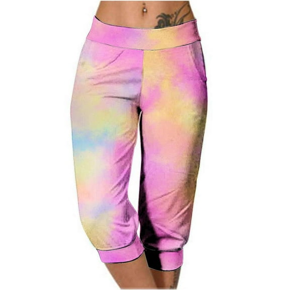 VERUGU Capri Pants for Women Casual Summer Pocket Elastic Waist Pant Taper Mid Waist Classic Gradient Color Print Loungewear Cropped Pants Loose Comfortable Workout Capris Sweatpants Pink XL