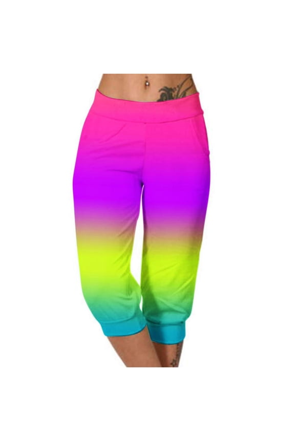 Capri Pants for Women Casual Summer Pocket Elastic Waist Pant Taper Mid Waist Classic Gradient Color Print Loungewear Cropped Pants Loose Comfortable Workout Capris Sweatpants Multicolor L