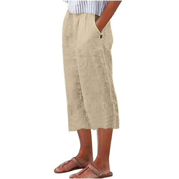 VERUGU Capri Pants for Women Casual Summer Pocket Elastic Waist Solid Pant Straight-Leg Mid Waist Cropped Pants Loose Irregular Lace Classic Comfortable Below The Knee Pants Beige 3XL