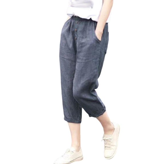 VERUGU Capri Pants for Women Casual Solid Color Cropped Trousers Bandage Pockets Elastic Waist Comfortable Straight Pants Blue 3XL