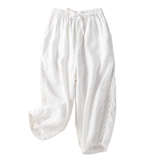 VERUGU Capri Pants for Women Elastic Waist Wide-Leg Capris Loose Casual Cotton Linen Solid Cropped Pants White M