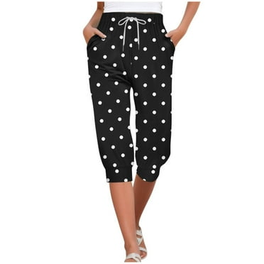 VERUGU Capri Pants for Women Fashion Dots Print Pants Elastic Waist Drawstring Casual Capris with Pockets Black XL