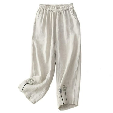 VERUGU Capri Pants for Women Fashion Elastic Waist Capris Loose Casual Cotton Linen Print Cropped Pants Beige XXL