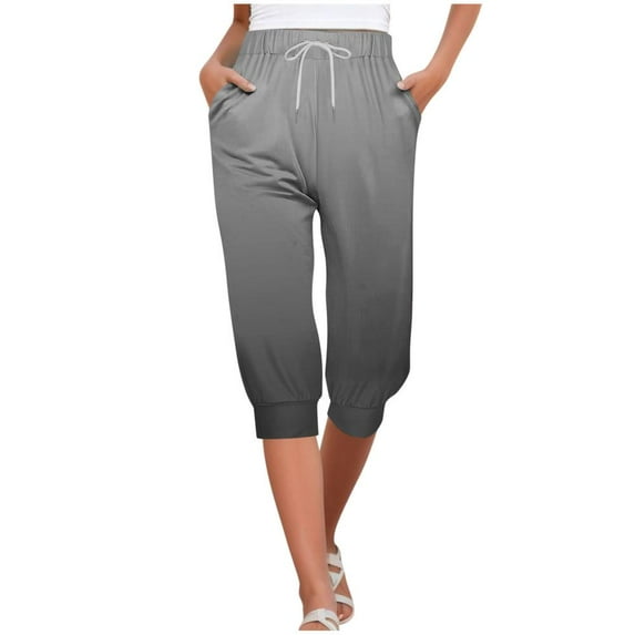 VERUGU Capri Pants for Women Fashion Gradient Color Pants Elastic Waist Drawstring Casual Capris with Pockets Black XL
