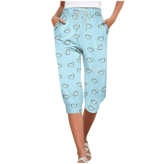 VERUGU Capri Pants for Women Fashion Love Print Pants Elastic Waist Drawstring Casual Capris with Pockets Blue S