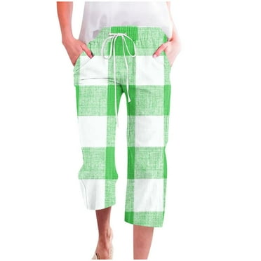 VERUGU Capri Pants for Women Fashion Plaid Print Pants Elastic Waist Drawstring Loose Casual Straight Leg Capris with Pockets Green L