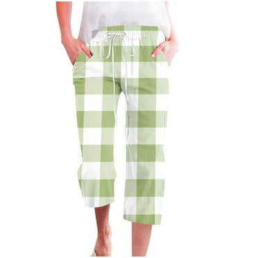 VERUGU Capri Pants for Women Fashion Plaid Print Pants Elastic Waist Drawstring Loose Casual Straight Leg Capris with Pockets Green XXL