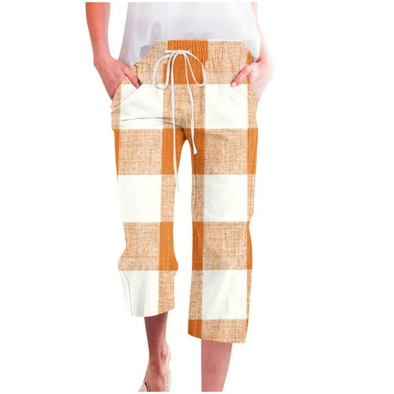 VERUGU Capri Pants for Women Fashion Plaid Print Pants Elastic Waist Drawstring Loose Casual Straight Leg Capris with Pockets Orange S