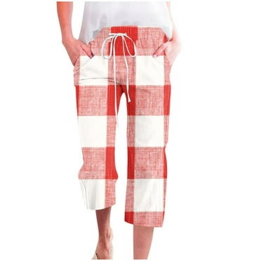 VERUGU Capri Pants for Women Fashion Plaid Print Pants Elastic Waist Drawstring Loose Casual Straight Leg Capris with Pockets Red 3XL
