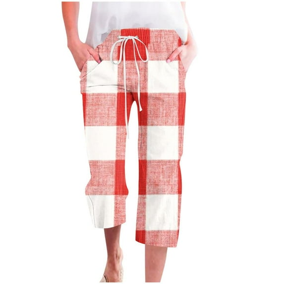VERUGU Capri Pants for Women Fashion Plaid Print Pants Elastic Waist Drawstring Loose Casual Straight Leg Capris with Pockets Red XL