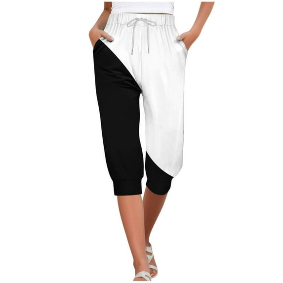 VERUGU Capri Pants for Women Fashion Splice Color Pants Elastic Waist Drawstring Casual Capris with Pockets Black XL