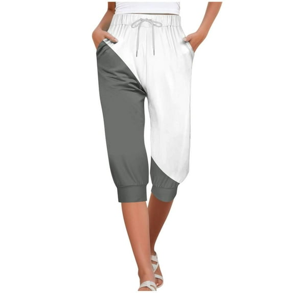 VERUGU Capri Pants for Women Fashion Splice Color Pants Elastic Waist Drawstring Casual Capris with Pockets Gray L