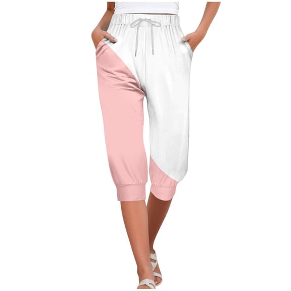 VERUGU Capri Pants for Women Fashion Splice Color Pants Elastic Waist Drawstring Casual Capris with Pockets Pink S