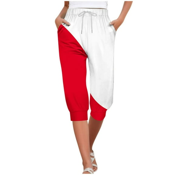 VERUGU Capri Pants for Women Fashion Splice Color Pants Elastic Waist Drawstring Casual Capris with Pockets Red S