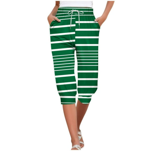 VERUGU Capri Pants for Women Fashion Stripe Print Pants Elastic Waist Drawstring Casual Capris with Pockets Green L