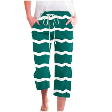 VERUGU Capri Pants for Women Fashion Stripe Print Pants Elastic Waist Drawstring Loose Casual Straight Leg Capris with Pockets Green M