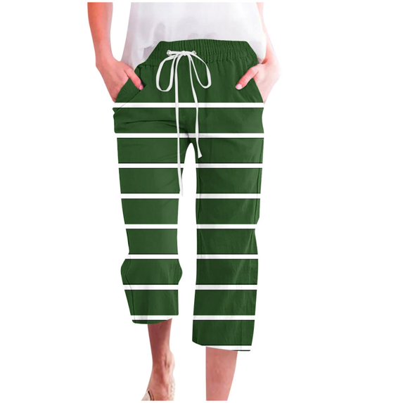 VERUGU Capri Pants for Women Stripe Print Straight Leg Pants Elastic Waist Imitation Cotton Linen Casual Loose Capris with Pockets Green 3XL
