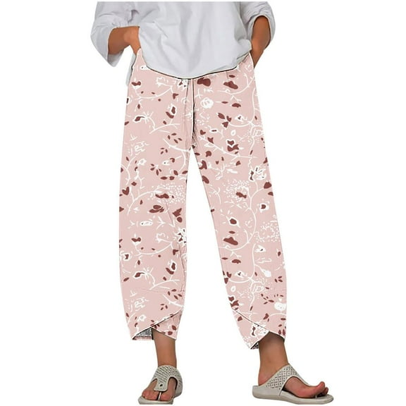 VERUGU Capri Pants for Women Summer Comfortable Fashionable Printed Loose Casual Cropped Pants with Pockets Pink S