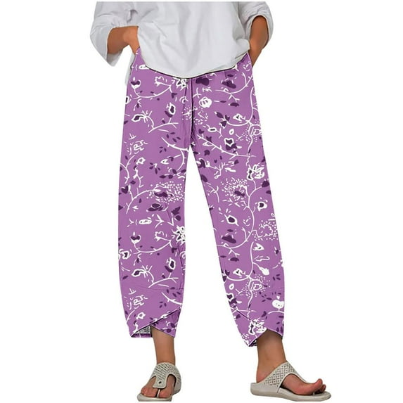 VERUGU Capri Pants for Women Summer Comfortable Fashionable Printed Loose Casual Cropped Pants with Pockets Purple M