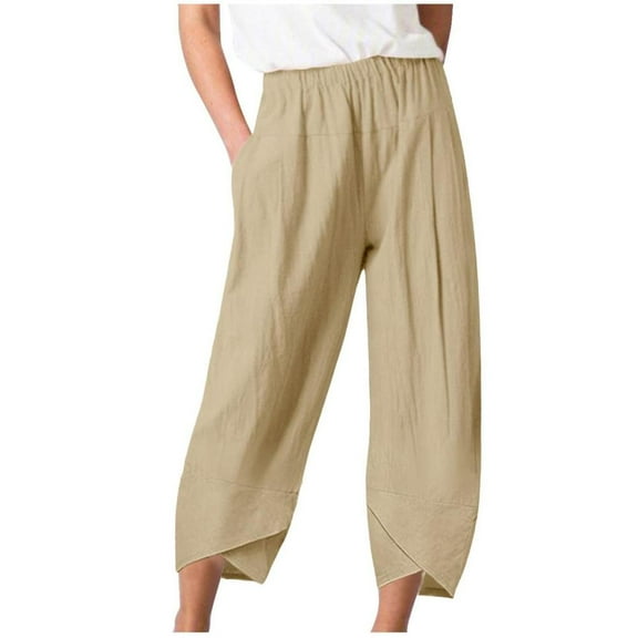 VERUGU Capri Pants for Women Summer Solid Straight-Leg Pants Classic Loose Casual Capris with Pockets Khaki S