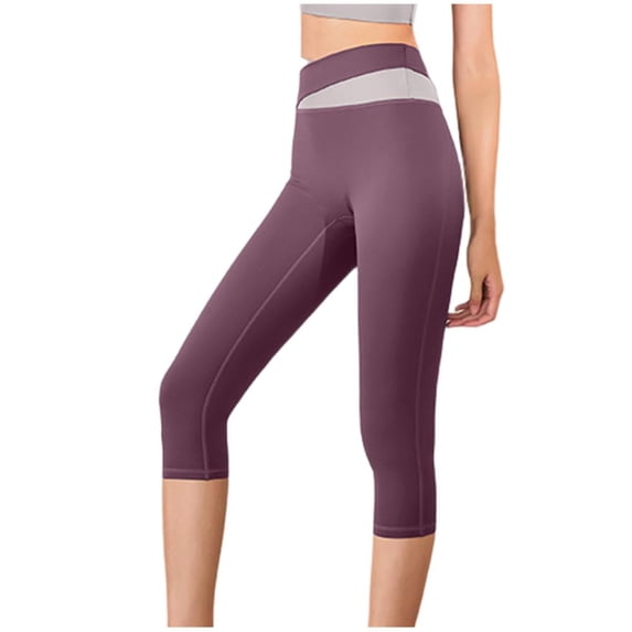 VERUGU Capri Yoga Pants for Women Color Matching Hip Lifting High Waist Slim Fashion Exercise Running Pants Purple XXL