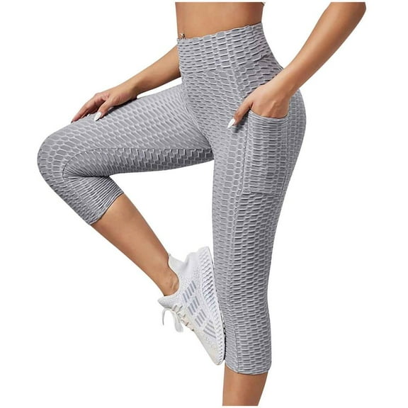 VERUGU Capri Yoga Pants for Women Fashion Solid Slim Sports Pants Novelty Bubble Capris Gray L