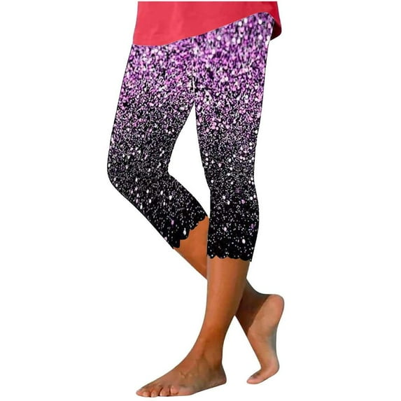 VERUGU Capri Yoga Pants for Women Stretch Fashion Print Sports Capris Casual Slim Cropped Pants Purple XL