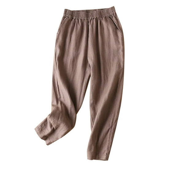 VERUGU Capris Pants for Women Solid Color Casual Pocket Elasticated Literary and Artistic Revival Capris Cotton and Linen Radish Harlan Pants Coffee XXL