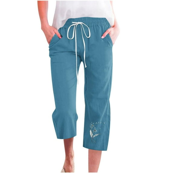 VERUGU Capris Pants for Women Casual Summer Cotton Linen Pants Wide Leg Capris Lightweight Baggy Cropped Lounge Trousers Blue 3XL