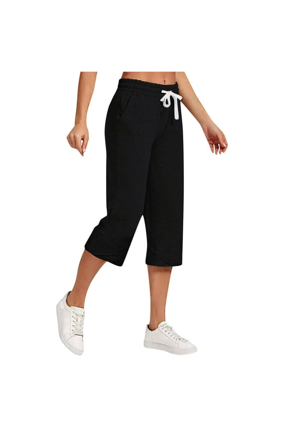 Capris Pants for Women Drawstring Large Solid Casual Versatile Loose Cropped Pants Black XL