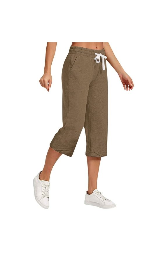 Capris Pants for Women Drawstring Large Solid Casual Versatile Loose Cropped Pants Brown 3XL