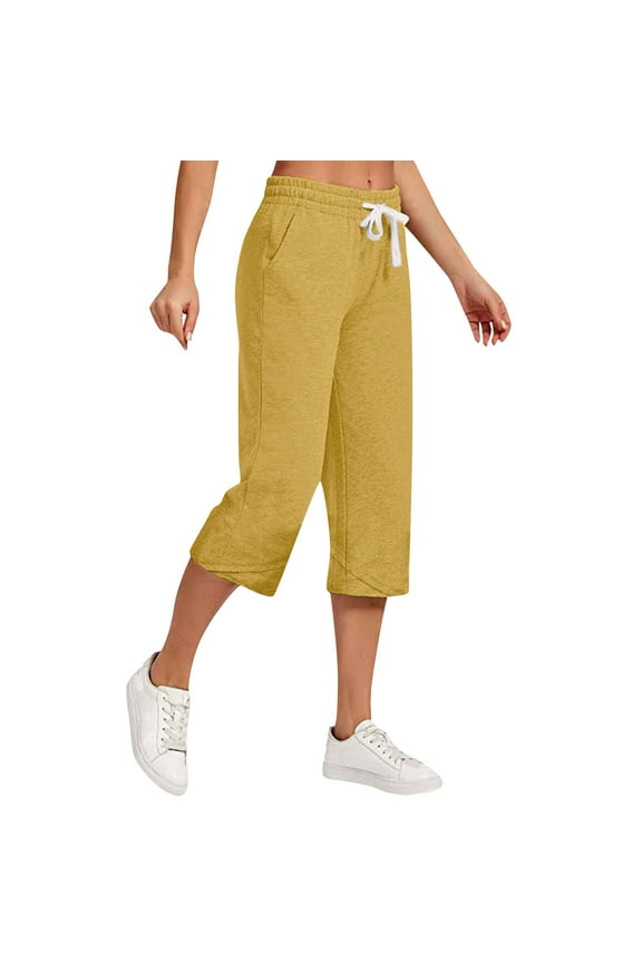Capris Pants for Women Drawstring Large Solid Casual Versatile Loose Cropped Pants Yellow M