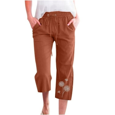 VERUGU Capris Pants for Women Fashion Casual Printing Elastic Loose Pants Straight Wide Leg Trousers with Pocket Coffee M