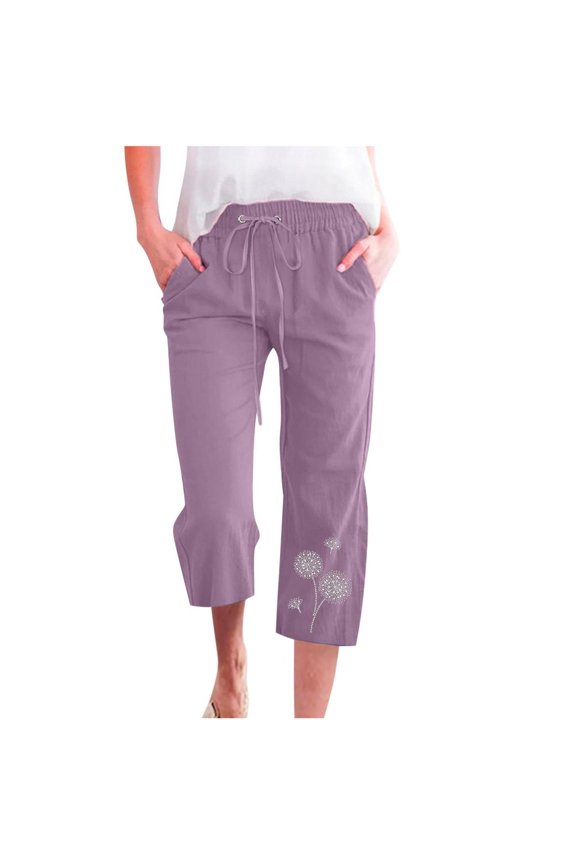 Capris Pants for Women Fashion Casual Printing Elastic Loose Pants Straight Wide Leg Trousers with Pocket Purple L