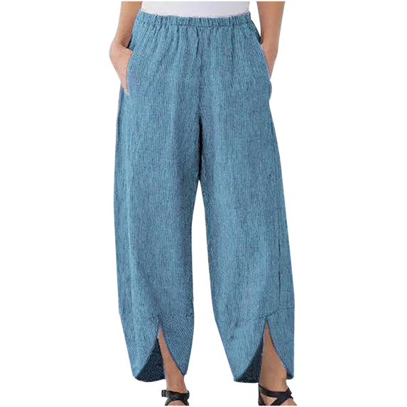 VERUGU Capris Pants for Women Fashion Casual Spring and Summer Solid Color Stripe Long Wide Leg Trousers Sky Blue 3XL