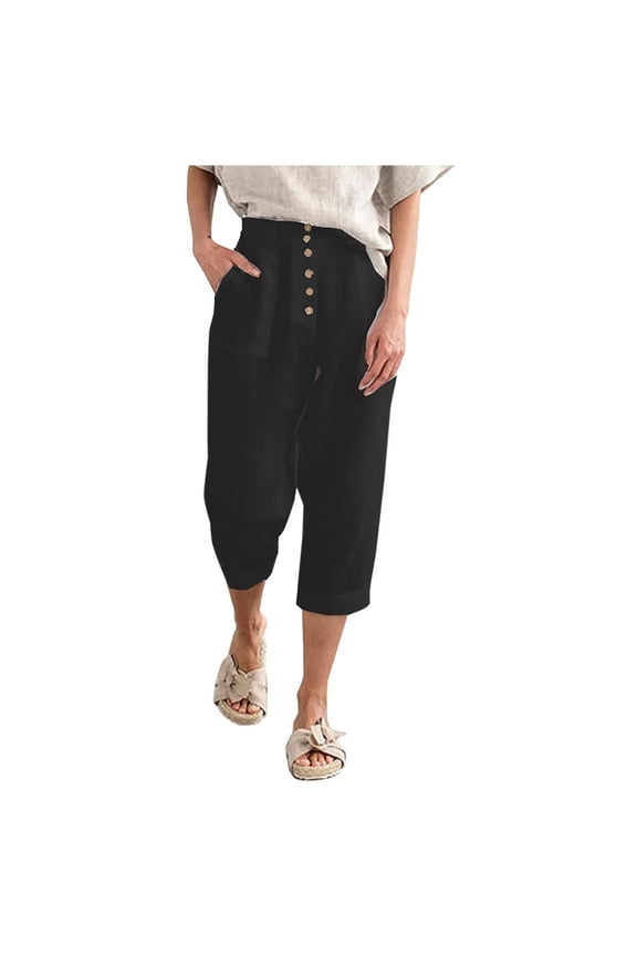 Capris Pants for Women Fashion Solid Color Comfortable Casual Pocket Cotton and Linen Capris Black M