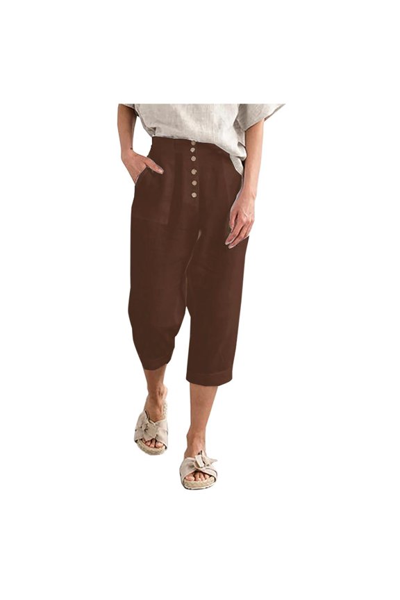 Capris Pants for Women Fashion Solid Color Comfortable Casual Pocket Cotton and Linen Capris Coffee S