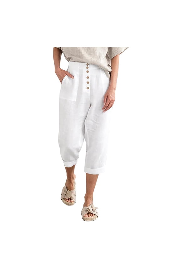 Capris Pants for Women Fashion Solid Color Comfortable Casual Pocket Cotton and Linen Capris White L